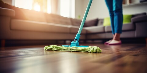 Cleaning staff is wiping cloth with cleaner and disinfectant on the surface of floor to make the floor clean with cleaning products and free from germs clinging to surface of the floor in living room. - obrazy, fototapety, plakaty