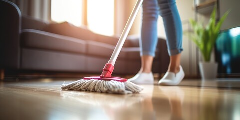 Cleaning staff is wiping cloth with cleaner and disinfectant on the surface of floor to make the floor clean with cleaning products and free from germs clinging to surface of the floor in living room.