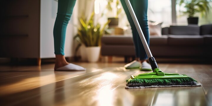 Cleaning staff is wiping cloth with cleaner and disinfectant on the surface of floor to make the floor clean with cleaning products and free from germs clinging to surface of the floor in living room.