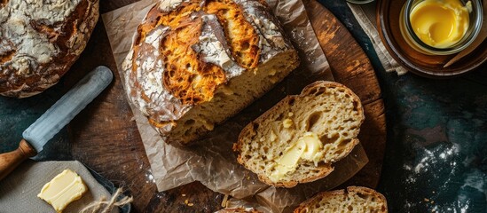 Irish homemade bread with butter, viewed from above.