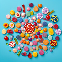 a different variety of candy arranged in a circle on blue background, generative ai