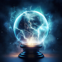 crystal ball with lights and lightning on dark background