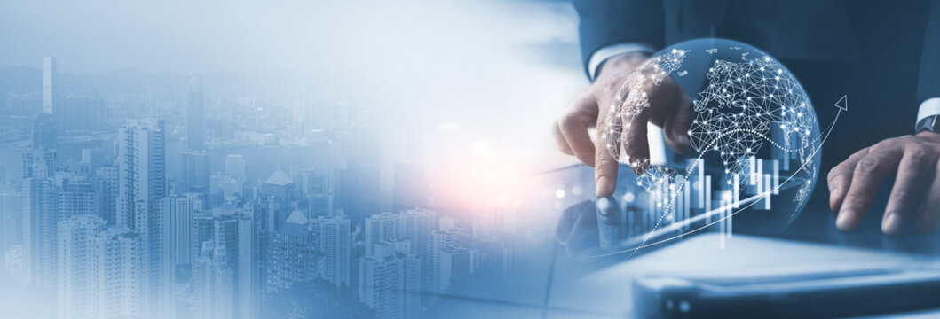 Global business investment strategy, plan and solution. Innovation technology for business growth. Businessman using computer with global internet network