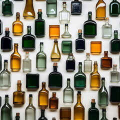 many glass bottles arranged on white background, generative ai