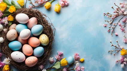 Fototapeta na wymiar easter eggs in a basket, Easter background with flowers and eggs, 