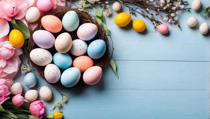 Fototapeta na wymiar easter eggs in a basket, Easter background with flowers and eggs, 