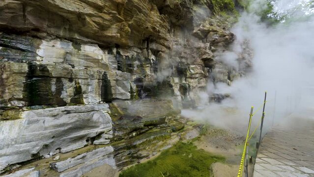 Cinematic gimbal shot of steam vents at Oyasukyo Gorge in Akita prefecture in Japan