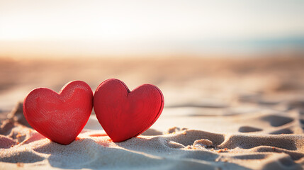 Two hearts in love on the beach of the Caribbean Sea. Concept for celebrating Valentine's Day at sea.