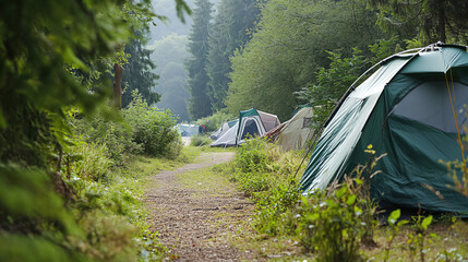 Tents lined up in a forest clearing.