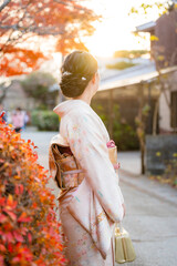 Maple leaves turning red in the autumn season in Kyoto. Back view a woman wearing Japanese...