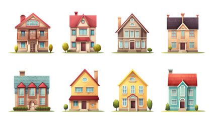 Eight cartoon houses Isolated on transparent background. PNG file.