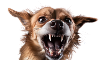 Aggressive dog shows dangerous teeth Isolated on a clear background, PNG file.