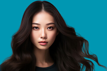 Closeup view of the face of a beautiful woman with long, wavy and shiny hair. Fashion, cosmetics and make-up. Bright skin. Isolated on a clear background. PNG file.