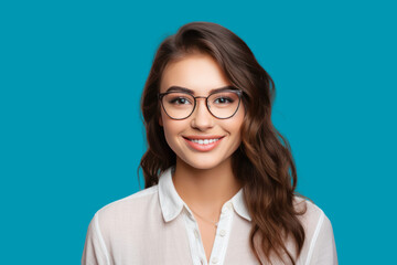 Fototapeta premium Caucasian girl wearing glasses. Young woman smiling. White, healthy teeth. Looking at camera. Isolated on a clear background. PNG file.