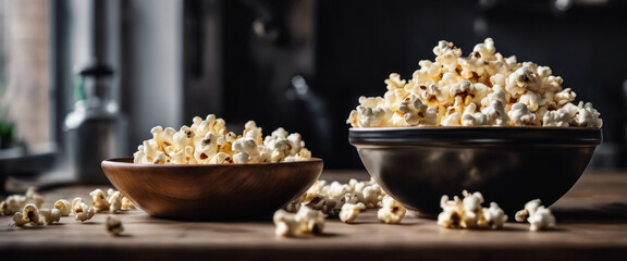 Two bowls of popcorn on a table in the kitchen, with a dark background. - obrazy, fototapety, plakaty