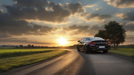 Fototapeta na wymiar black car on the road on the view morning sunset
