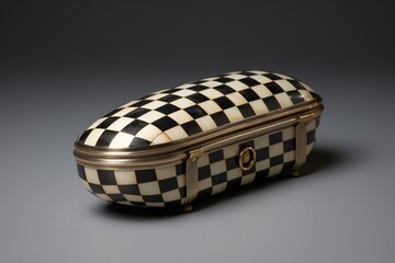 A small coffin-shaped container filled with coins and featuring a checkered pattern. Generative AI