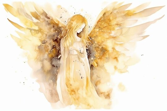 Watercolor illustration. Christmas angel with golden wings. Generative AI