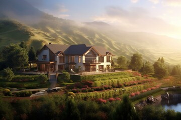 Fototapeta na wymiar Scenic view showcasing a countryside residence nestled amidst majestic mountains and surrounded by breathtaking natural beauty. Generative AI