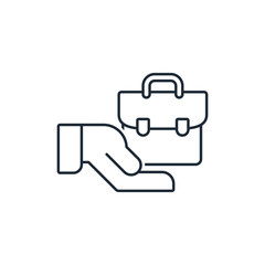 A hand holds a briefcase. Open Offer, proposal a position, job. Vector linear icon illustration isolated on white background.