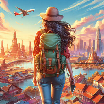 A female traveler strolls through a vibrant, illustrated world, adorned with a backpack, in a hyper-realistic vector art style.
