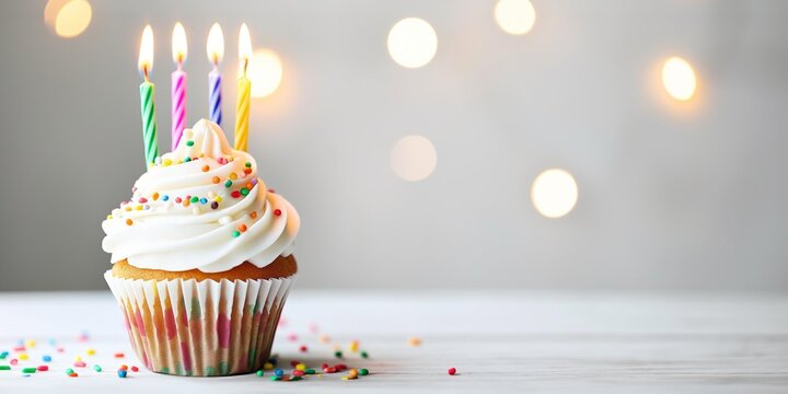 Birthday Cupcake With Sprinkles and Four Lit Candles - Bokeh background  with copy space