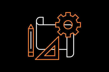 Gear, ruler and pen illustration in dark style. Flat vector illustration.