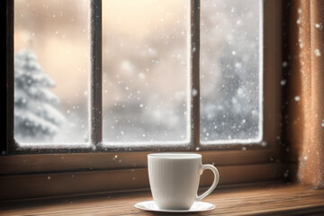 Coffee Cup, Windowsill Winter, Snowy Outside, Winter Warmth, Cozy Moments
