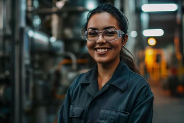 Fotobehang portrait of smiling female engineer or mechanical worker on site wearing safety glasses and boiler suit   © Ricky