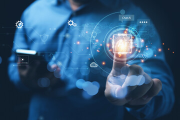 Machine of learning. AI is innovation to assistant easy to work, AI smart is learning, Artificial Intelligence Concept. Businessman use a smartphone is learning smart robot on virtual screen.
