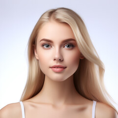 Fototapeta premium Beauty Woman face Portrait. Beautiful Spa model Girl with Perfect Fresh Clean Skin. Blonde female looking at camera and smiling. . Isolated on a white background ai technology