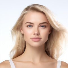 Fototapeta premium Beauty Woman face Portrait. Beautiful Spa model Girl with Perfect Fresh Clean Skin. Blonde female looking at camera and smiling. . Isolated on a white background ai technology