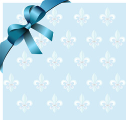 Page corner with blue  ribbon and bow on royal lily background. Vector.