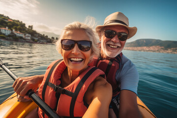 happy older couple on a kayak - obrazy, fototapety, plakaty