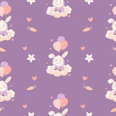 Seamless pattern with animal sleeping bunny with balloons on cloud on purple background. Vector illustration for design, wallpaper, packaging, textile. Kids collection.