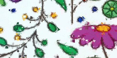 Fototapeta premium Oil paintings and various flowers, birds, butterflies, and chrysanthemums are beautiful