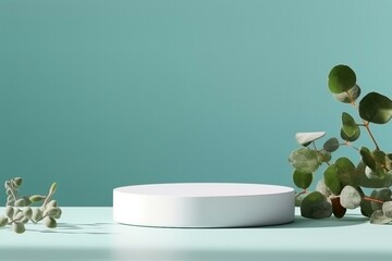Abstract empty white podium with eucalyptus leaves and shadows on blue background. Mock up stand for product presentation. 3D Render. Minimal concept. Advertising template. generative ai.