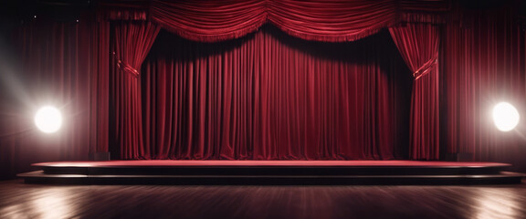 Theater stage was draped with dark red velvet curtains that created a sense of mystery and anticipation for the audience.