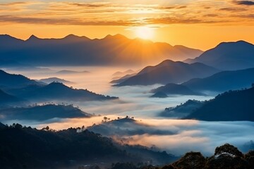 Beautiful mountain layers with morning sun rays and winter fog in Doi Hua Mae Kham, Mae Salong Nai, Chiang Rai, Thailand. Generative AI - obrazy, fototapety, plakaty