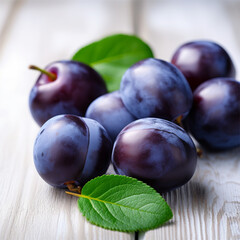 Plums on white wooden background. Half of blue plum fruit. Many beautiful plums with leaves ai technology