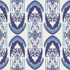 Ikat abstract pattern. Illustration ikat blue watercolor abstract floral paisley seamless pattern. Ikat abstract pattern use for fabric, textile, home decoration elements, upholstery, wrapping, etc. - obrazy, fototapety, plakaty