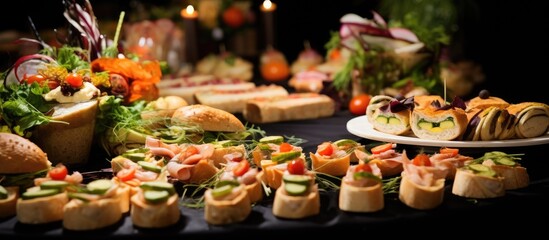 Close-up of assorted appetizers on a corporate event buffet.