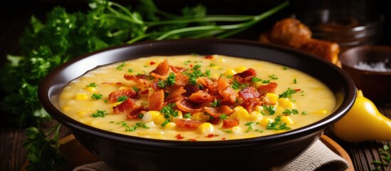 Fototapeta premium Corn soup with bacon and parsley.