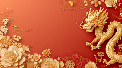 Chinese new year dragon theme background illustration 3d paper technic with copy space. Chinese holiday backdrop with empty space for product showcase advertisement.