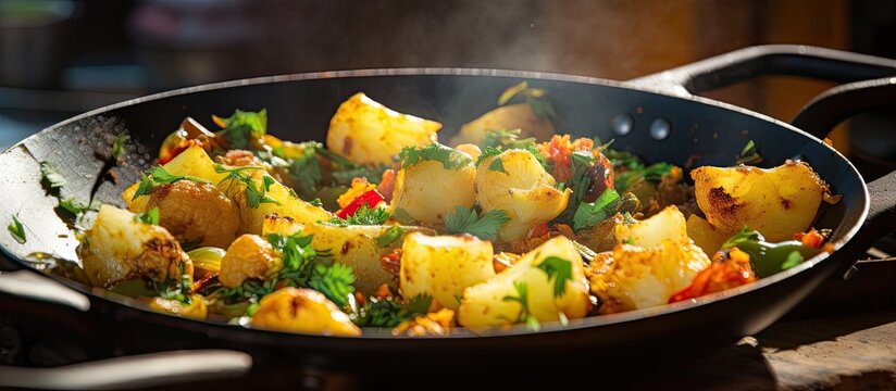 Cooking aloo gobi, an Indian dish with potatoes and cauliflower, using a gas pan. Photo of authentic Indian cuisine prepared with fresh ingredients in a Goa cooking class.