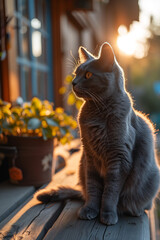 Tabby Cat in Sunlight on Wooden Surface: Green Eyes, Serene Home Atmosphere