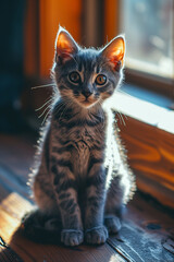 Tabby Cat in Sunlight on Wooden Surface: Green Eyes, Serene Home Atmosphere