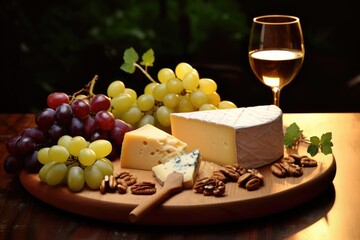 Naklejka na ściany i meble cheese plate with grapes, nuts and a glass of white wine, A cheese platter with grapes, nuts and wine, AI Generated