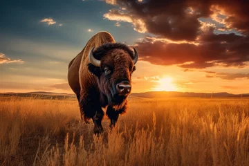 Rolgordijnen Bison in the grassland at sunset, Yellowstone National Park, Wyoming, USA, A bison roaming across a grassland plateau during the setting sun, AI Generated © Iftikhar alam