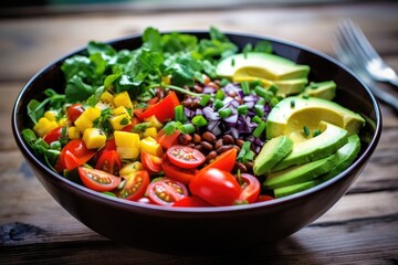 Healthy salad with avocado, tomatoes, corn, arugula and beans, A bowl of colorful salad loaded with a variety of veggies, AI Generated - obrazy, fototapety, plakaty
